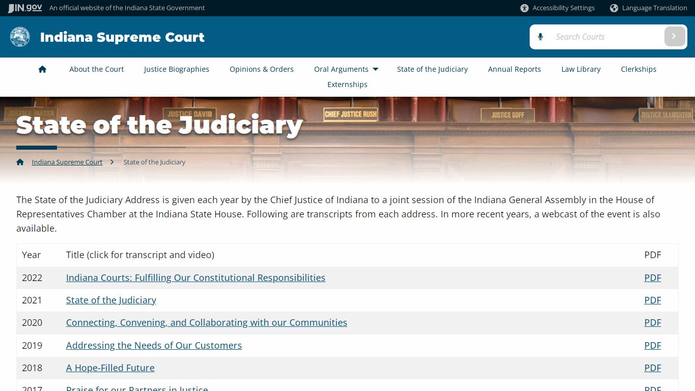 Indiana Judicial Branch: Indiana Supreme Court: State of the Judiciary